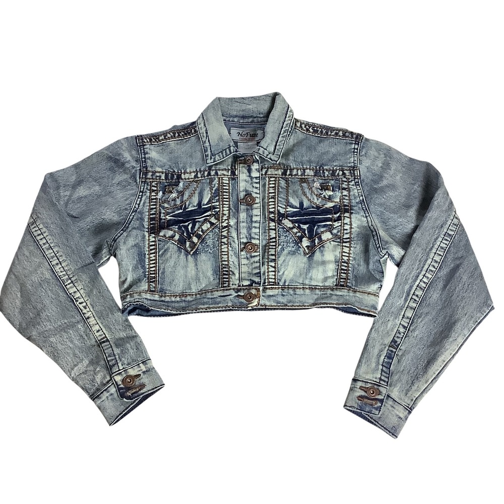 NoFuze Cropped Jean Jacket Girls Large Blue Acid Wash Y2K Distressed Streetwear